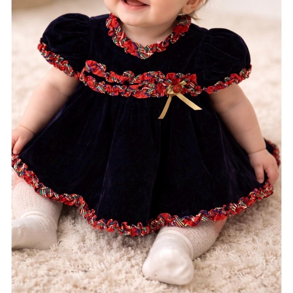 Vintage Primrose Pink Velvet Dress Kids 6 9M Plaid‎ Ruffle Holiday Coquette